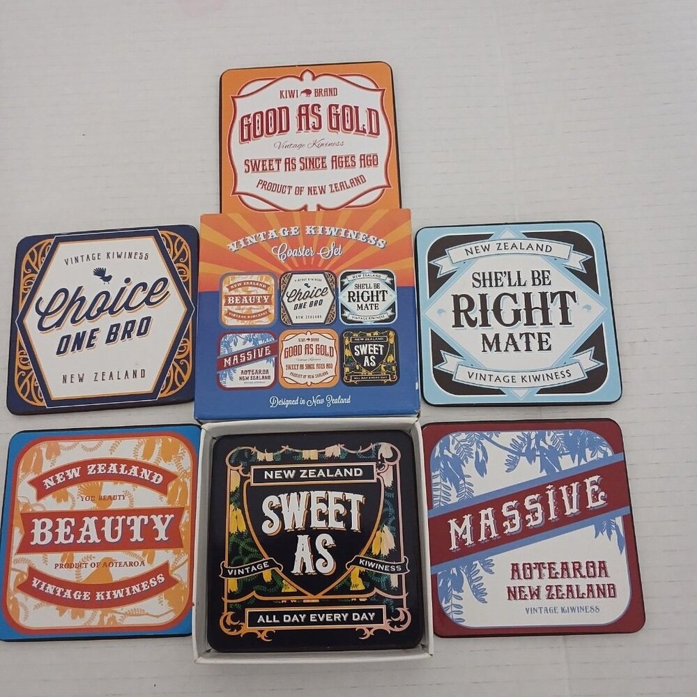Kiwiness Coaster Set Corkback In Box Designed in New Zealand 6 Coasters